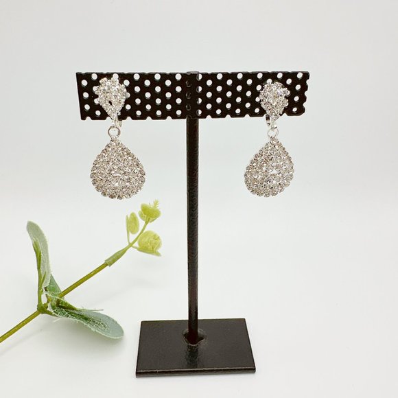 CLIP ON Small Pear Shape Clear Rhinestone  Earrings - Picture 5 of 12